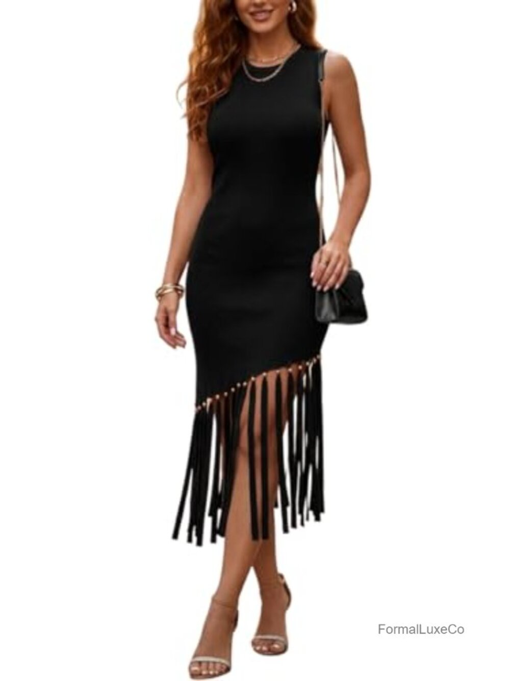 Fringe Hem Bodycon Midi Dress Ribbed Knit Sleeveless Party Cocktail